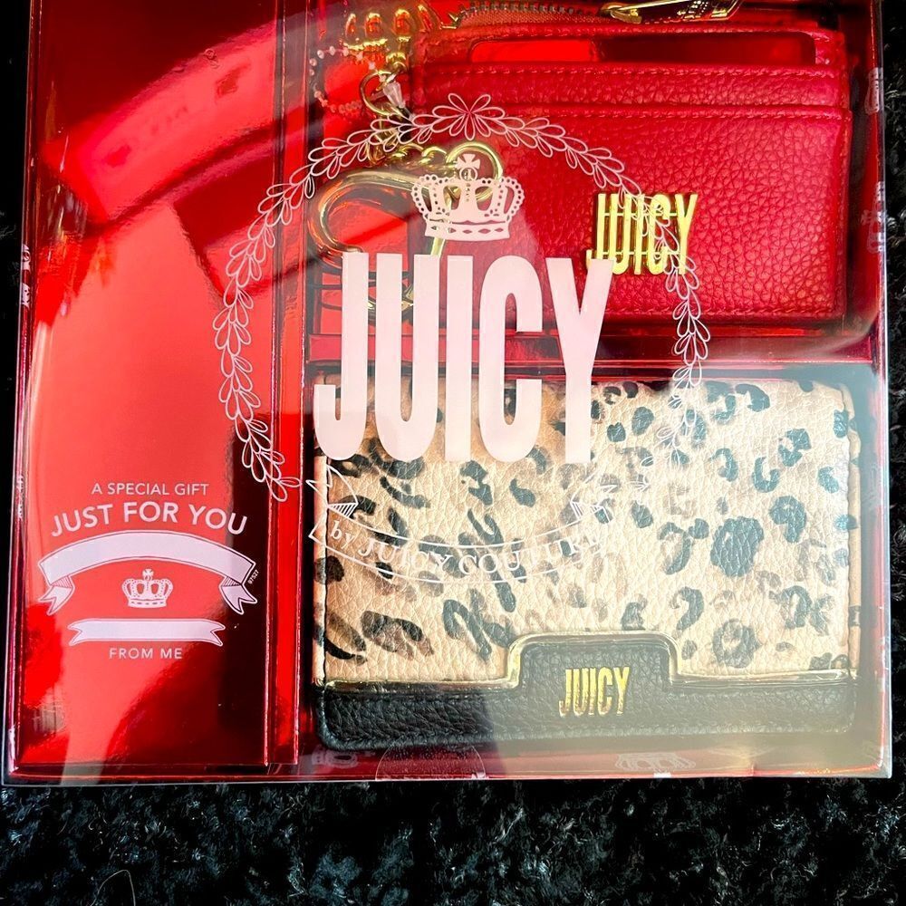 Juicy couture leopard & red leather wallet & card case gift set